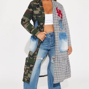 Fashion Nova Camouflage & Gray Plaid Patchwork Trench Coat